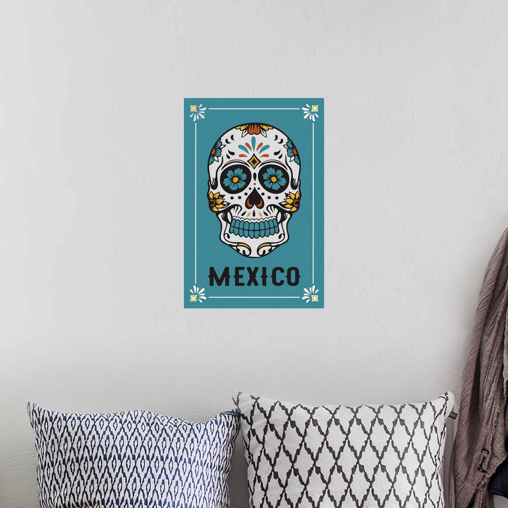 A bohemian room featuring Mexico - Sugar Skull & Flower Pattern - White & Blue