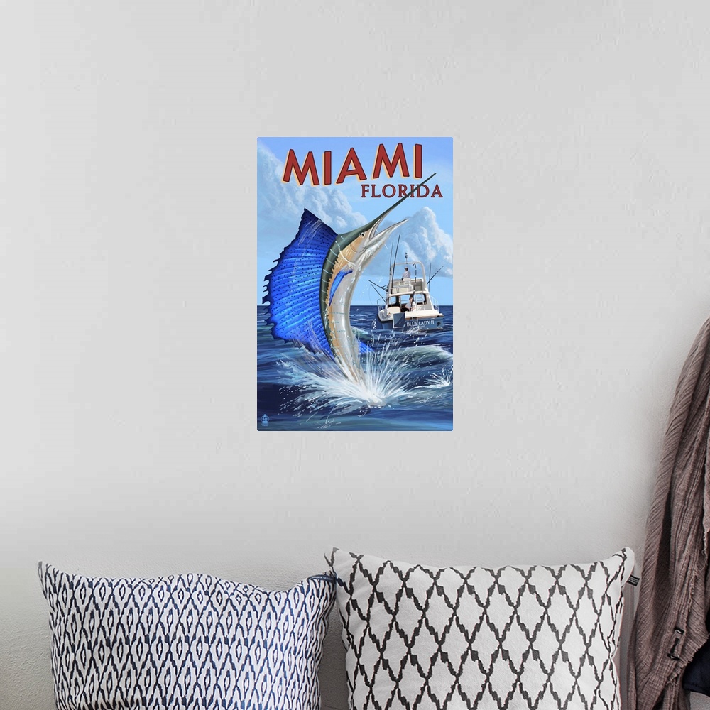 A bohemian room featuring Miami, Florida - Deep Sea Fishing: Retro Travel Poster