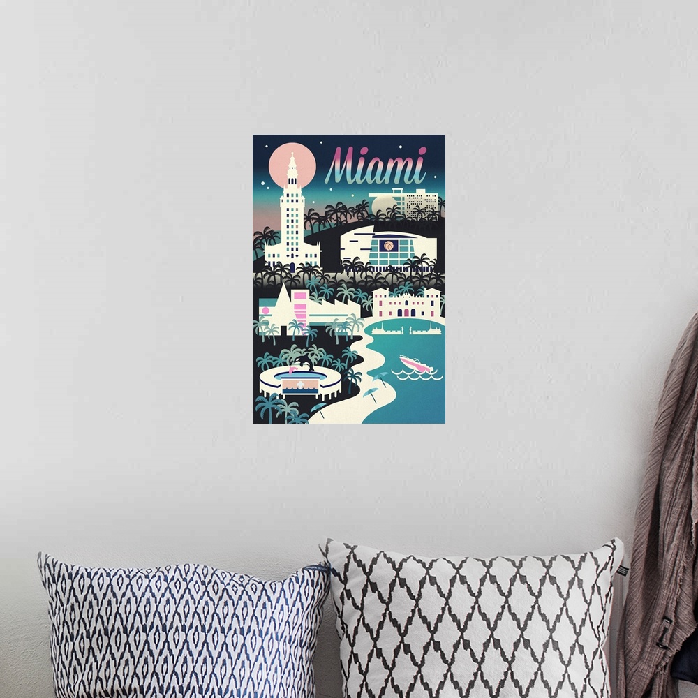 A bohemian room featuring Miami, Florida - Retro Skyline Chromatic Series