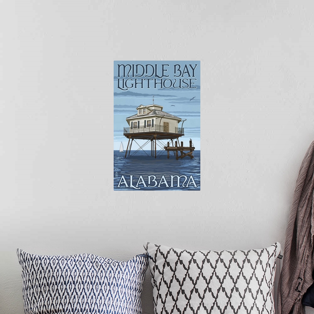 A bohemian room featuring Retro stylized art poster of lighthouse stilted over the ocean.