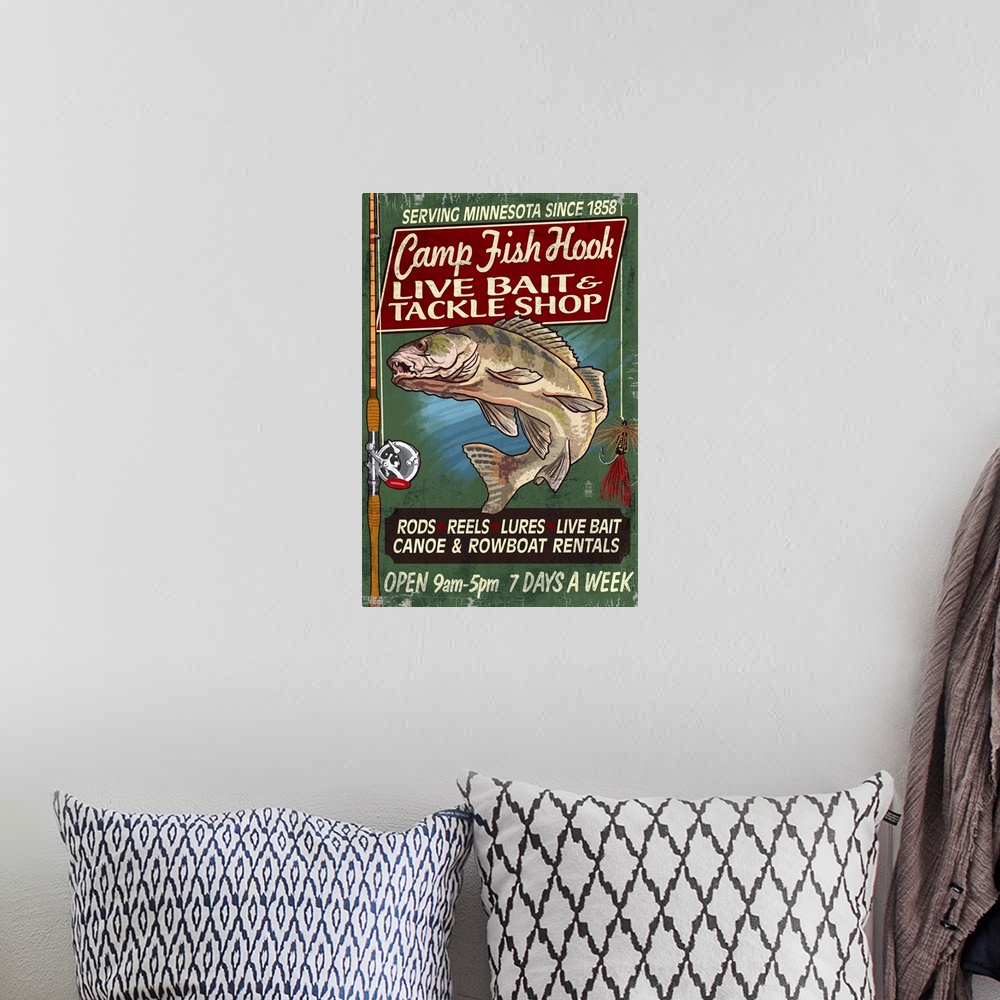 A bohemian room featuring Retro stylized art poster of a vintage sign with an image of a fish and tackle gear.