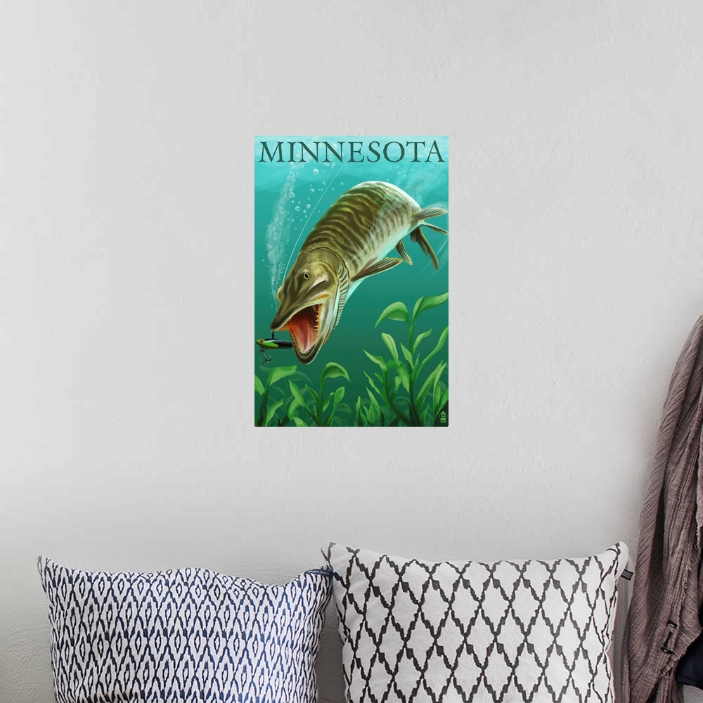 A bohemian room featuring Minnesota - Muskie Scene: Retro Travel Poster