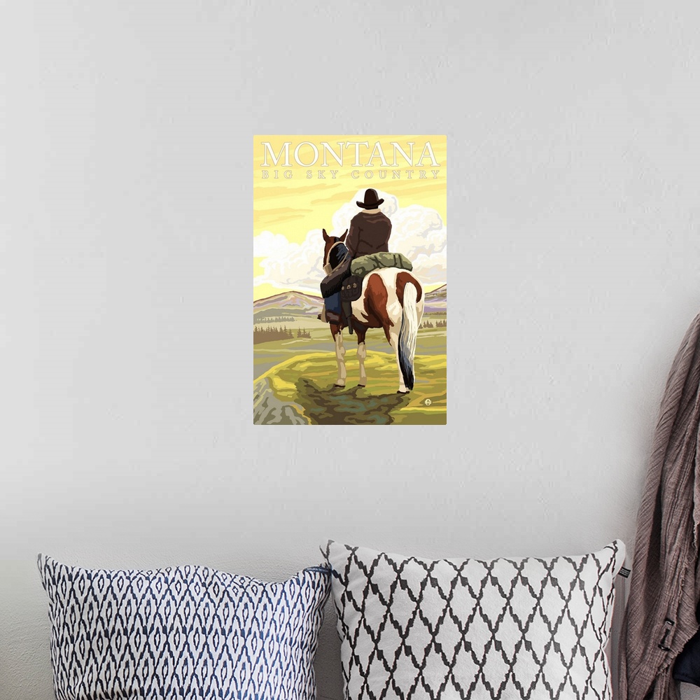 A bohemian room featuring Montana, Big Sky Country - Cowboy: Retro Travel Poster