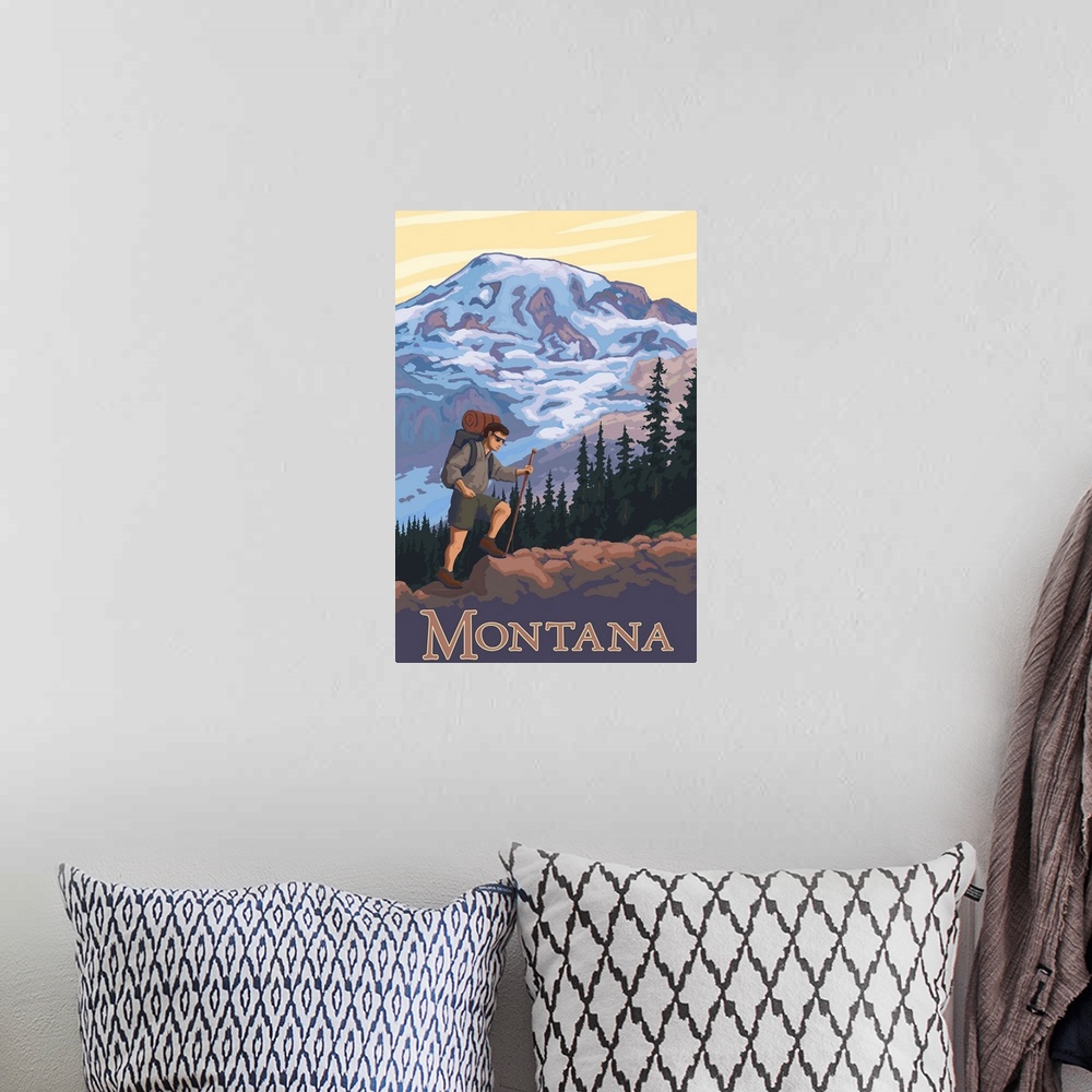 A bohemian room featuring Montana - Hiking Scene: Retro Travel Poster