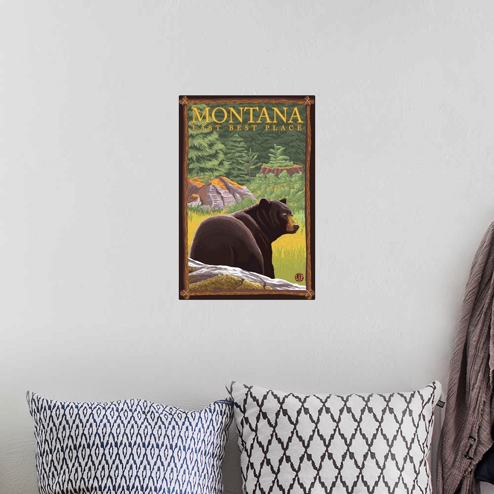 A bohemian room featuring Montana, Last Best Place - Bear in Forest: Retro Travel Poster