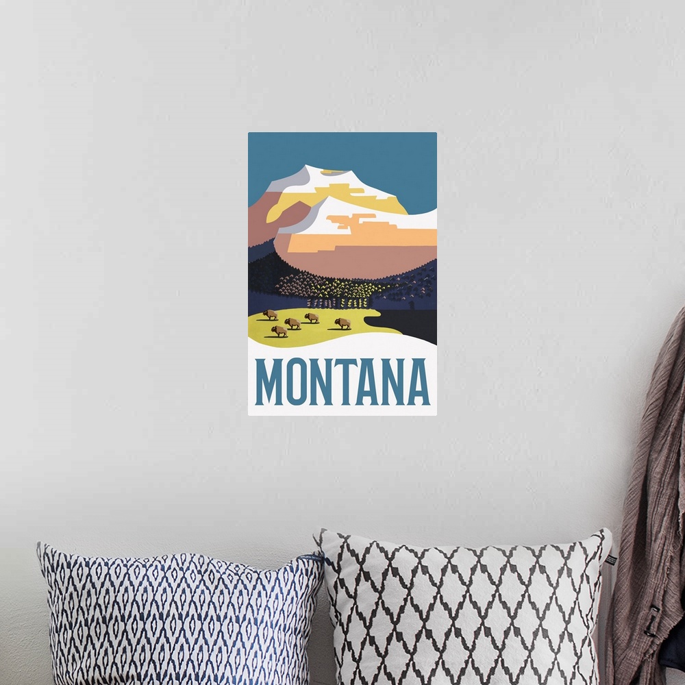 A bohemian room featuring Montana - Mountain Scene with Buffalo