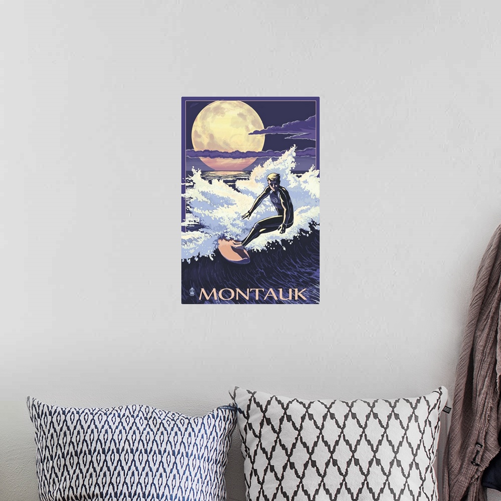 A bohemian room featuring Retro stylized art poster of a surfer riding a wave at night, with a large in the sky.