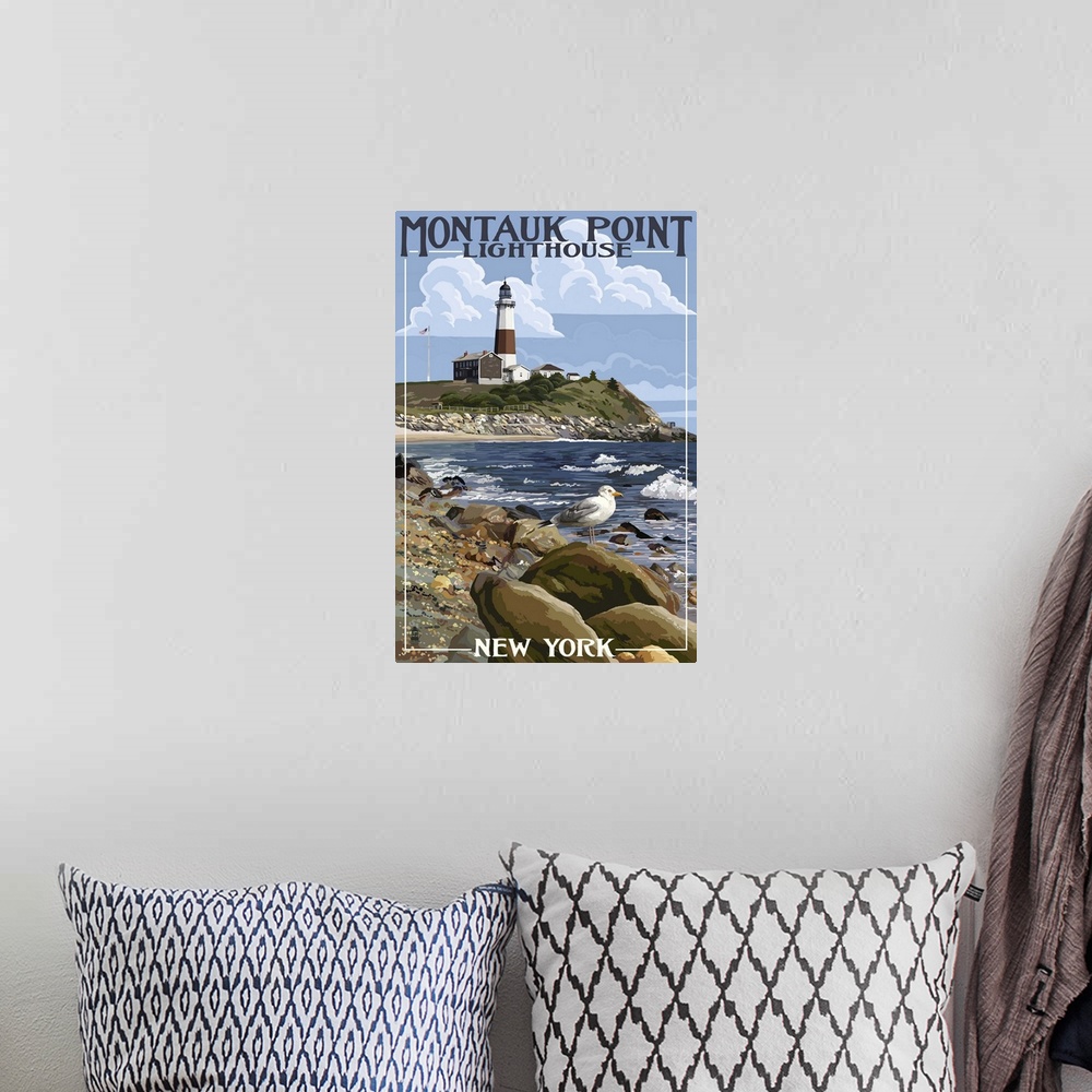 A bohemian room featuring Montauk Point Lighthouse - New York: Retro Travel Poster