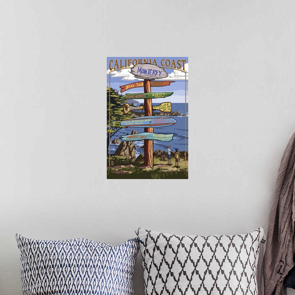 A bohemian room featuring Monterey, California - Destination Sign: Retro Travel Poster