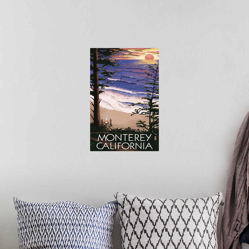 A bohemian room featuring Retro stylized art poster of people around a campfire on a beach at sunset. Viewed through a forest.