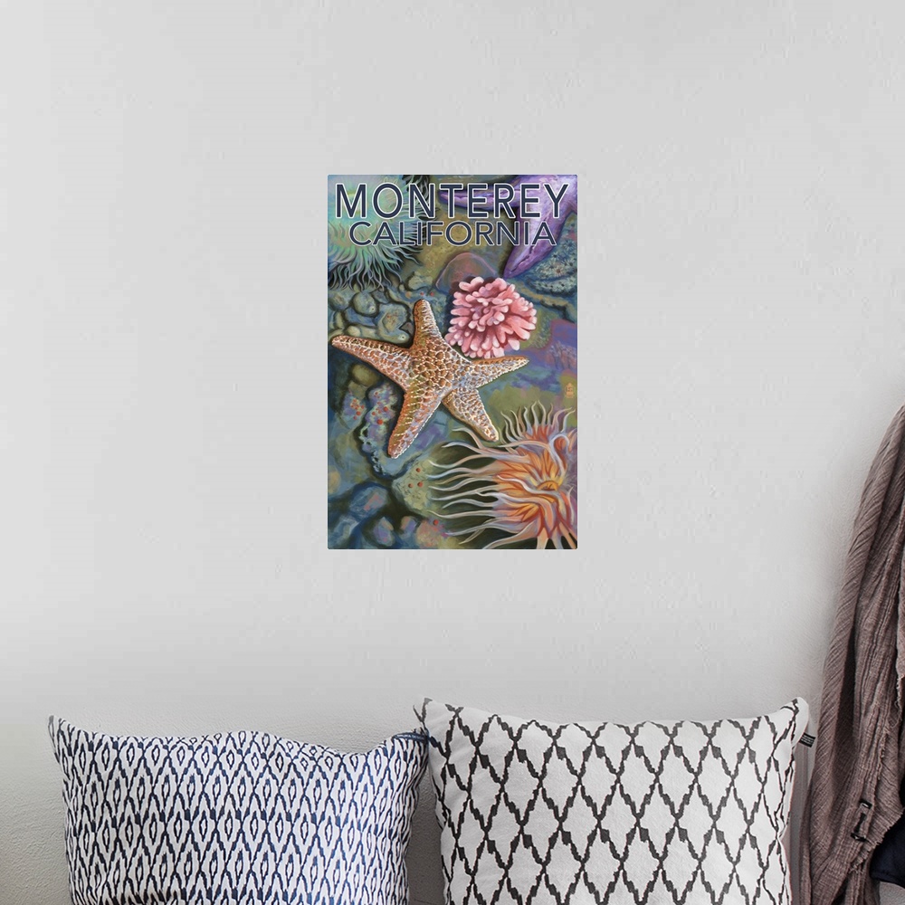 A bohemian room featuring Retro stylized art poster of a starfish and various marine life in a tide pool.