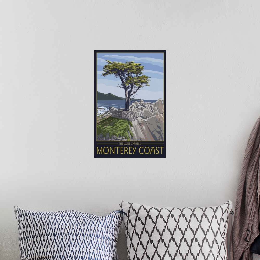 A bohemian room featuring Monterey Coast, CA - Cypress Tree: Retro Travel Poster