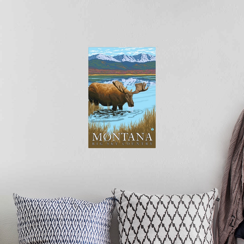 A bohemian room featuring Moose Drinking at Lake - Montana: Retro Travel Poster