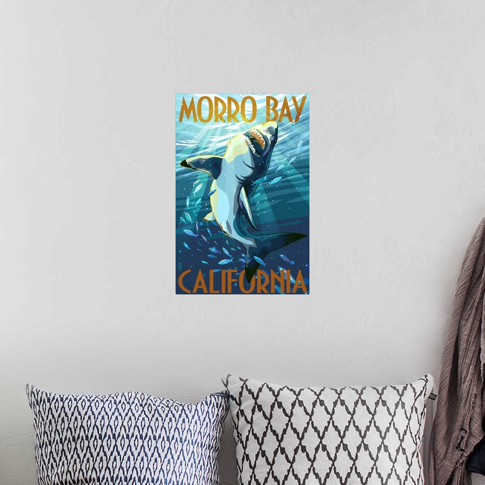 A bohemian room featuring Retro stylized art poster of a great white shark swimming near the surface of the ocean.