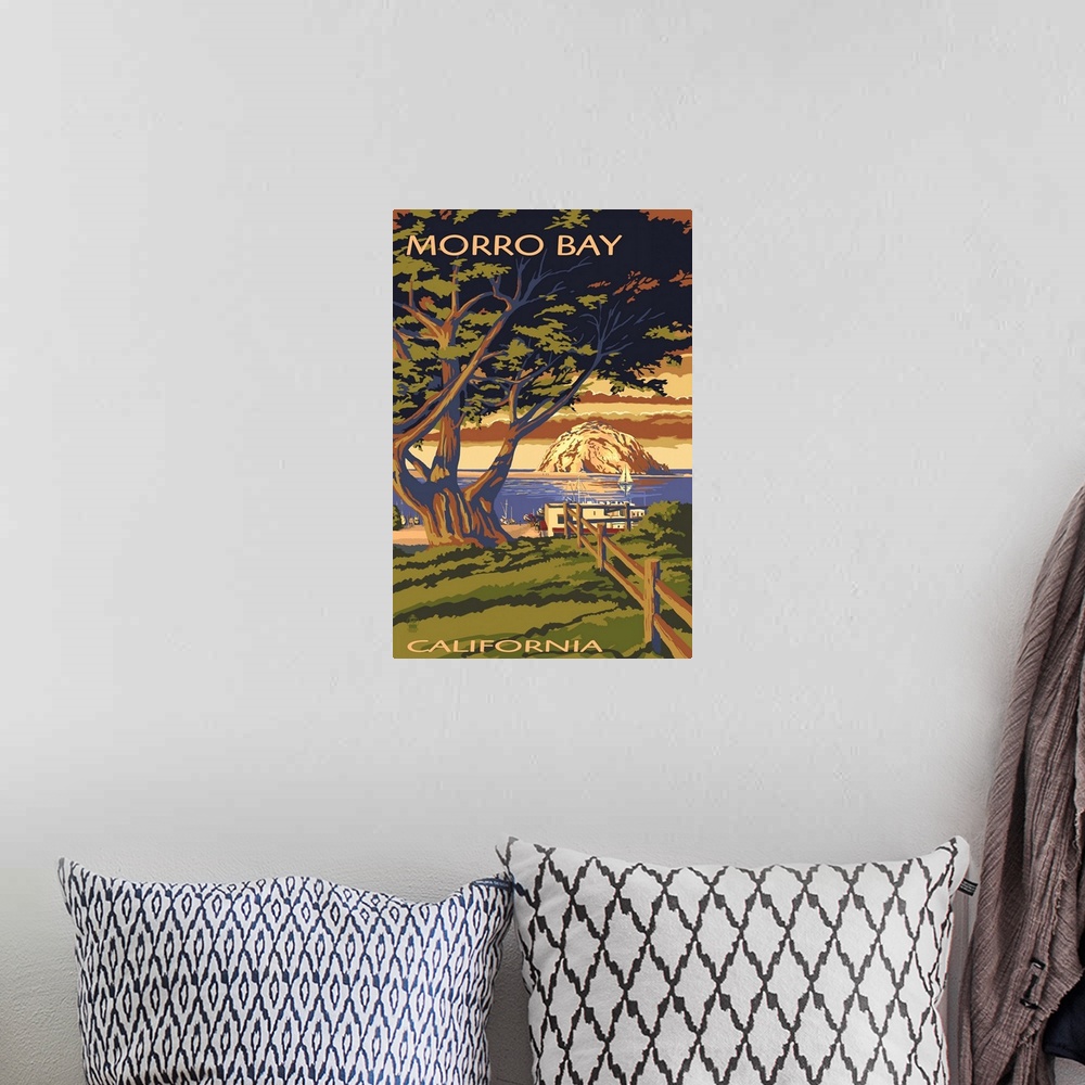 A bohemian room featuring Morro Bay, California Town View with Morro Rock: Retro Travel Poster
