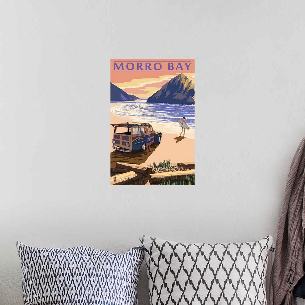 A bohemian room featuring Morro Bay, California - Woody on Beach: Retro Travel Poster
