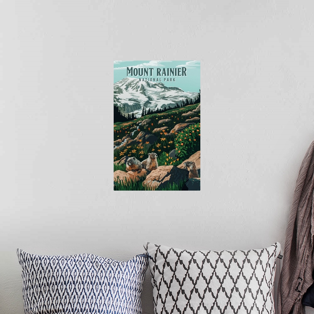 A bohemian room featuring Mount Rainier National Park, Marmot In A Wildflower Field: Retro Travel Poster