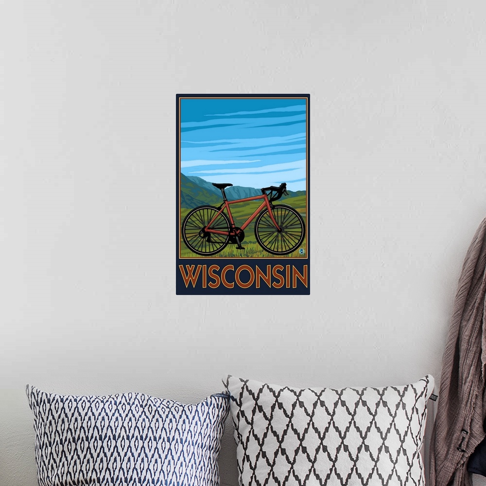 A bohemian room featuring Mountain Bike Scene - Wisconsin: Retro Travel Poster