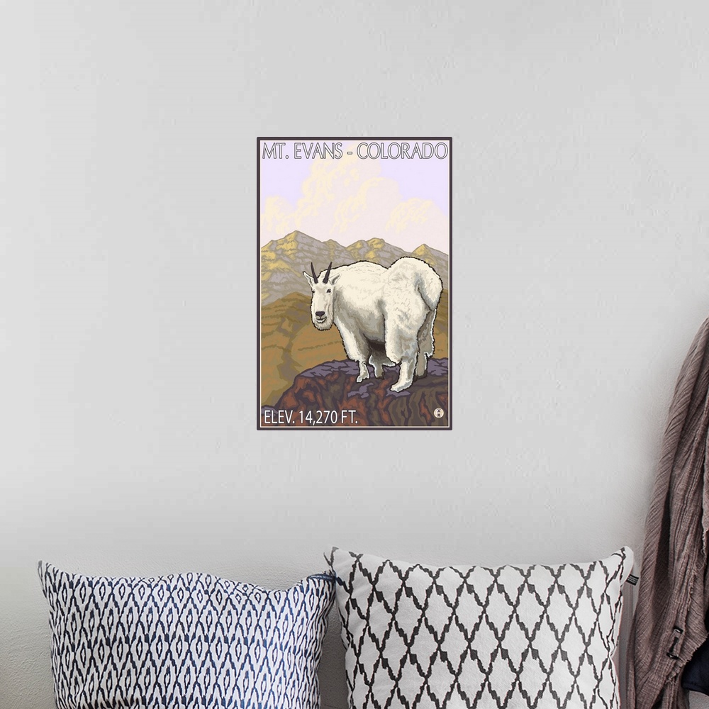 A bohemian room featuring Mt. Evans, Colorado - Mountain Goat: Retro Travel Poster