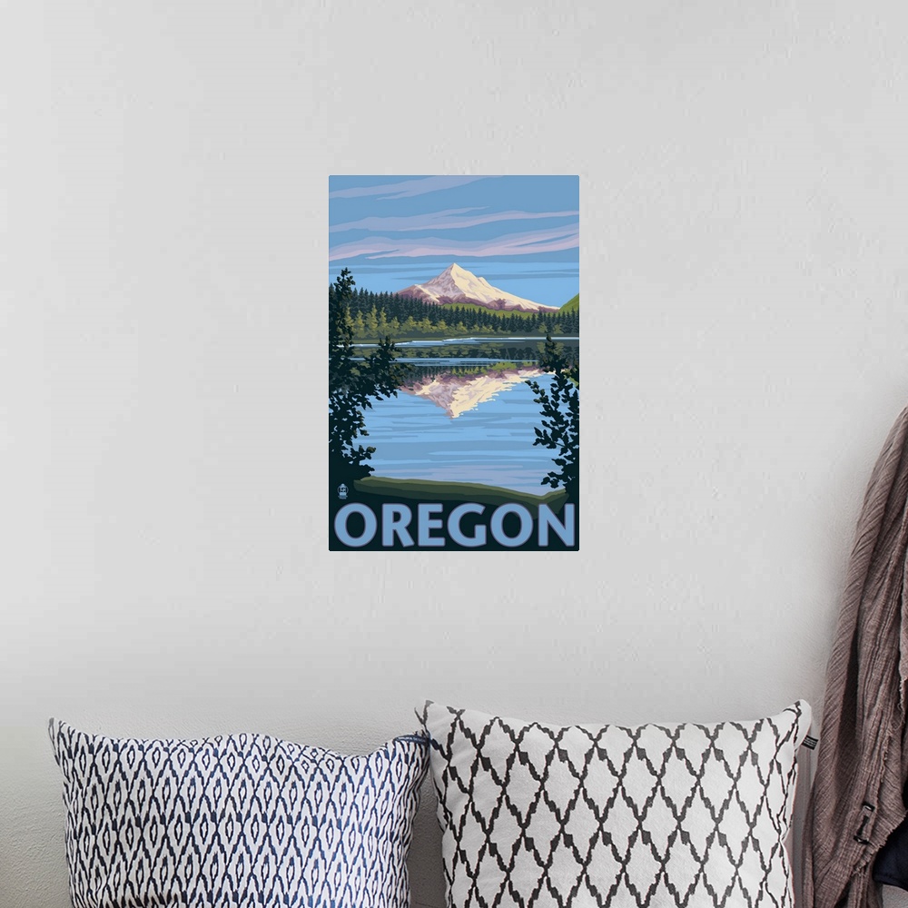 A bohemian room featuring Retro stylized art poster of a mountain casting a reflection in a clear blue lake.