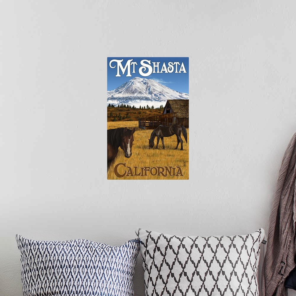 A bohemian room featuring Mt. Shasta and Horses: Retro Travel Poster