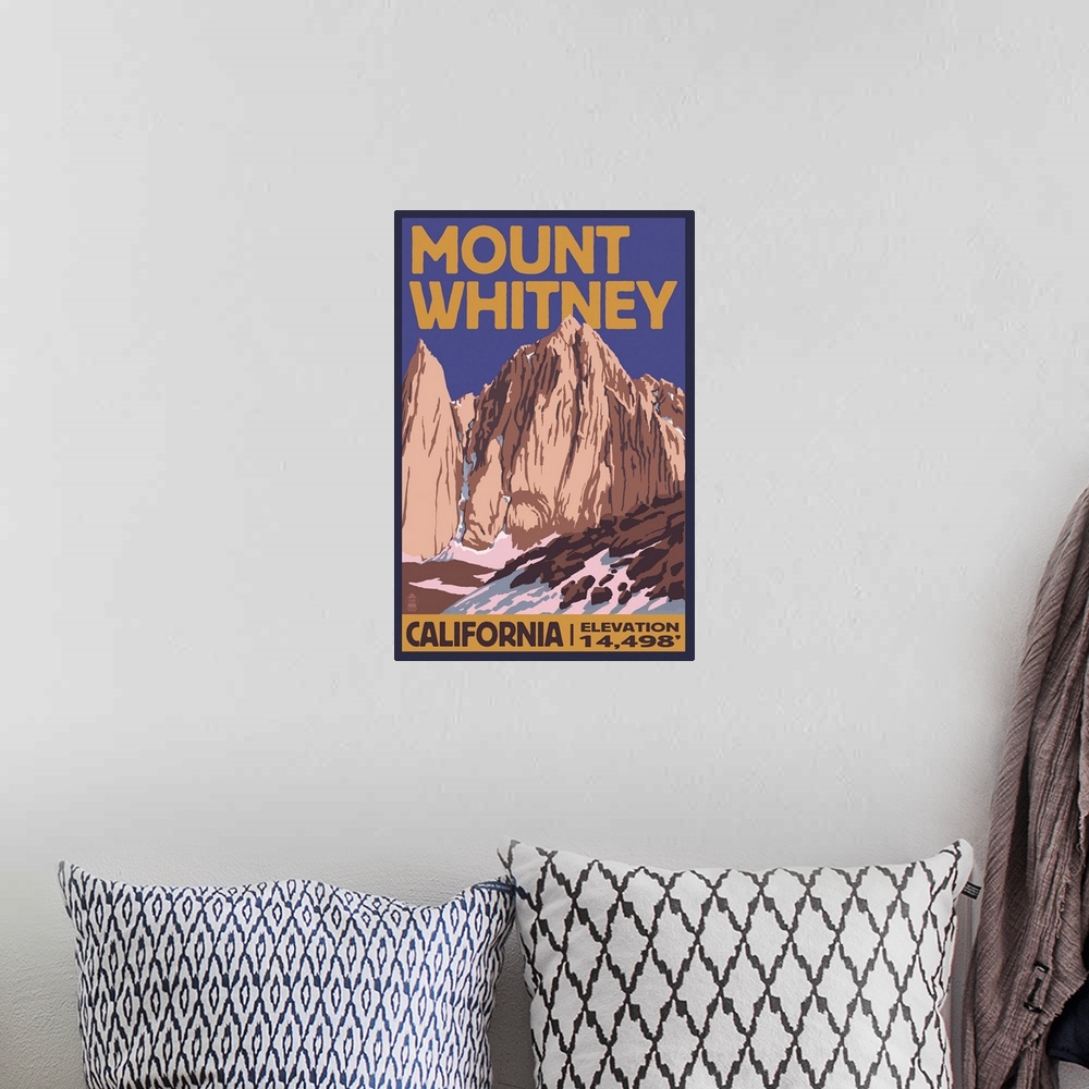 A bohemian room featuring Mt. Whitney, California Peak: Retro Travel Poster