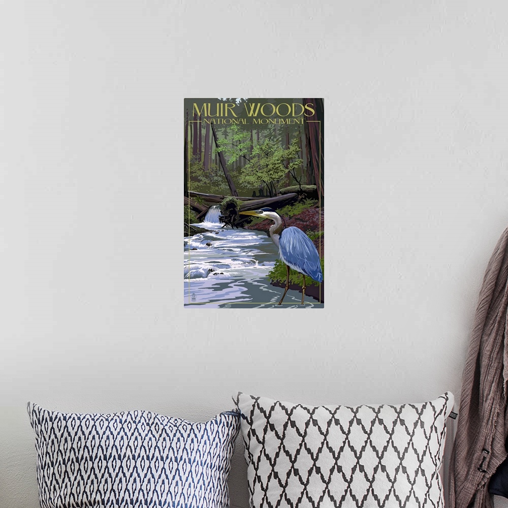 A bohemian room featuring Muir Woods National Monument, California - Blue Heron: Retro Travel Poster