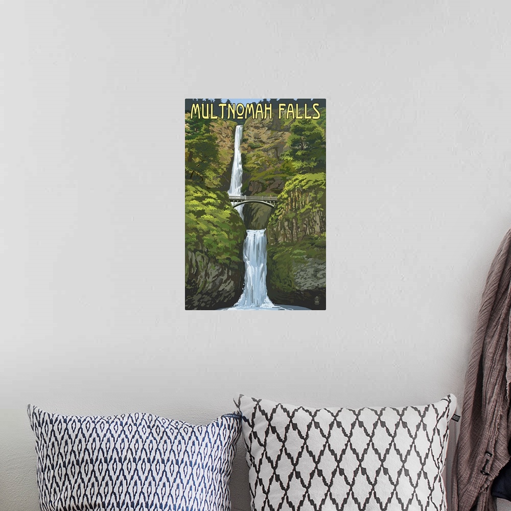 A bohemian room featuring Retro stylized art poster of a rushing waterfall tumbling down through lush foliage.