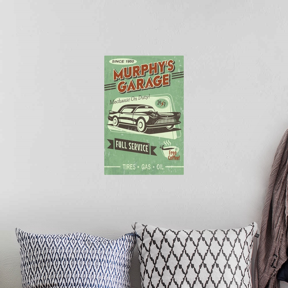 A bohemian room featuring Murphy's Full Service Garage, Vintage Sign