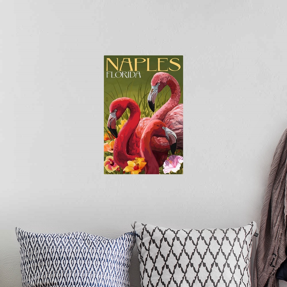 A bohemian room featuring Naples, Florida - Flamingos: Retro Travel Poster