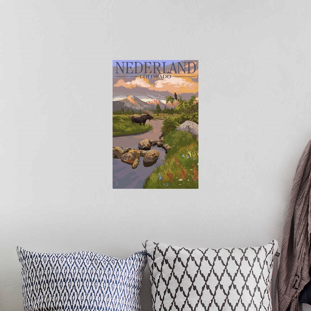 A bohemian room featuring Nederland, Colorado - Moose and Sunset: Retro Travel Poster