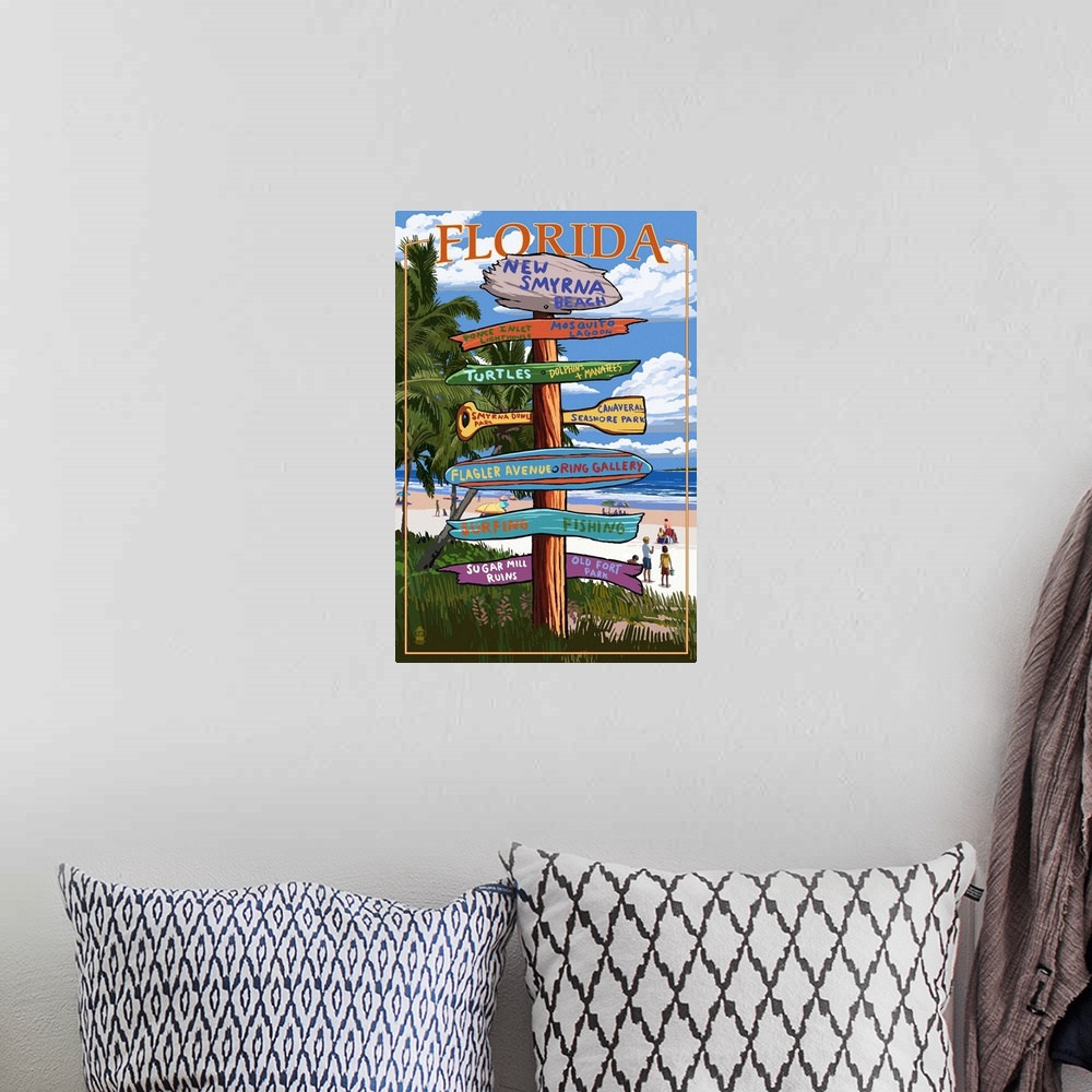 A bohemian room featuring New Smyrna Beach, Florida - Destinations Signpost: Retro Travel Poster