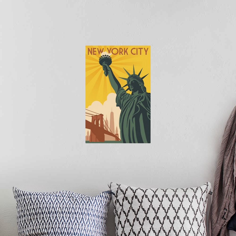 A bohemian room featuring New York City, New York, Statue of Liberty and Bridge
