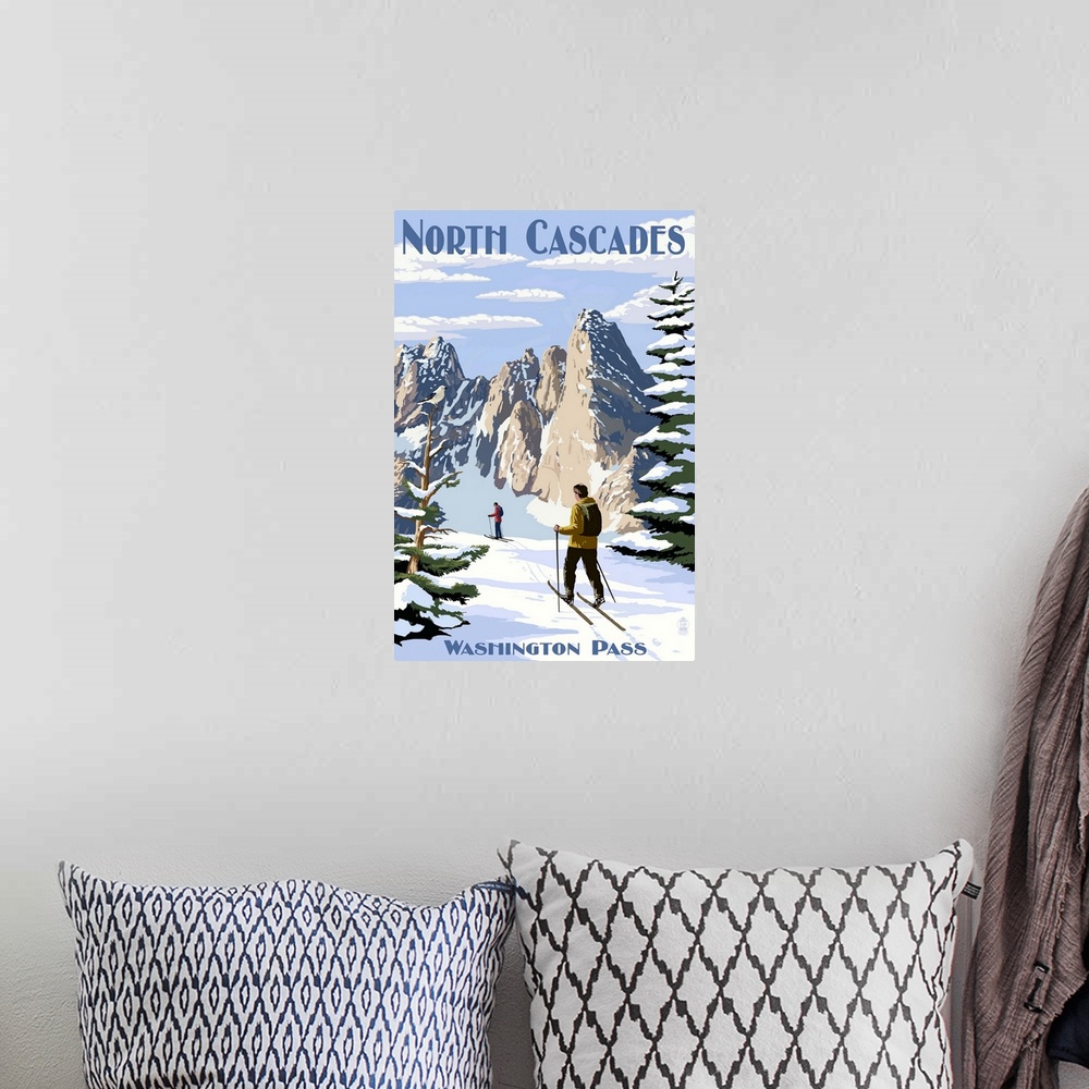 A bohemian room featuring North Cascades, Washington - Cross Country Skiing: Retro Travel Poster