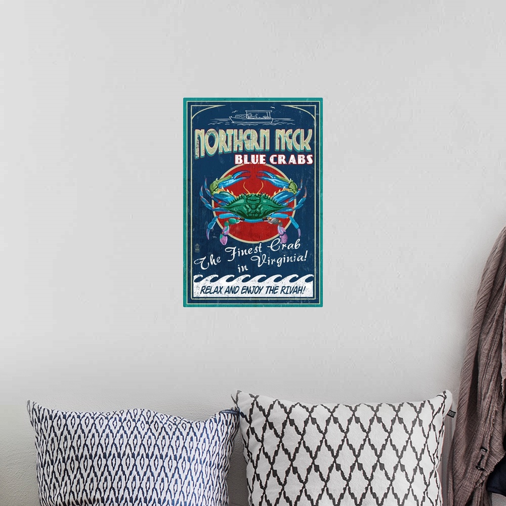 A bohemian room featuring Northern Neck, Virginia, Blue Crab Vintage Sign