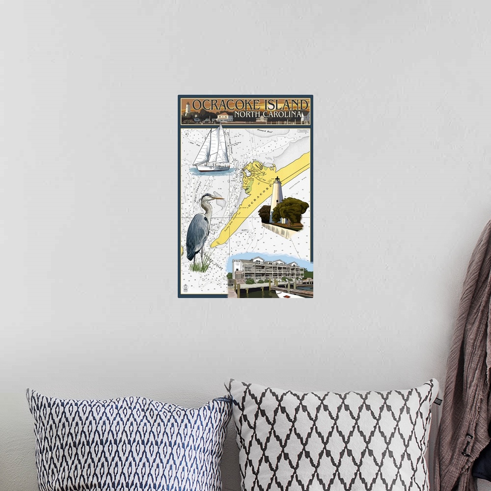A bohemian room featuring Ocracoke, Outer Banks, North Carolina - Nautical Chart: Retro Travel Poster