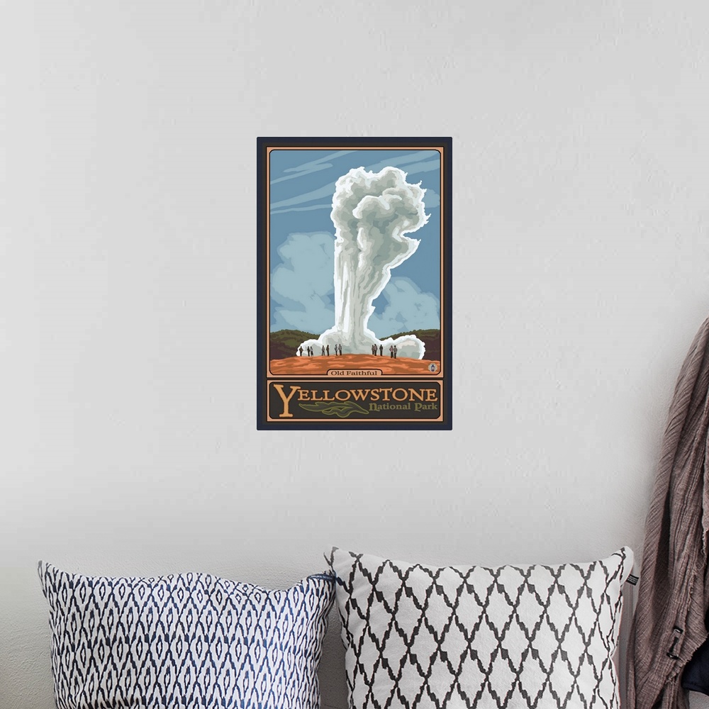 A bohemian room featuring Old Faithful Geyser - Yellowstone National Park: Retro Travel Poster
