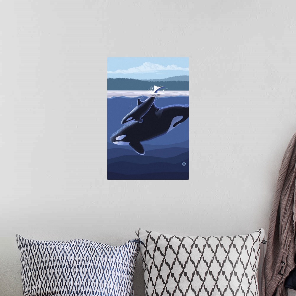 A bohemian room featuring Orca and Calf (Hills): Retro Travel Poster