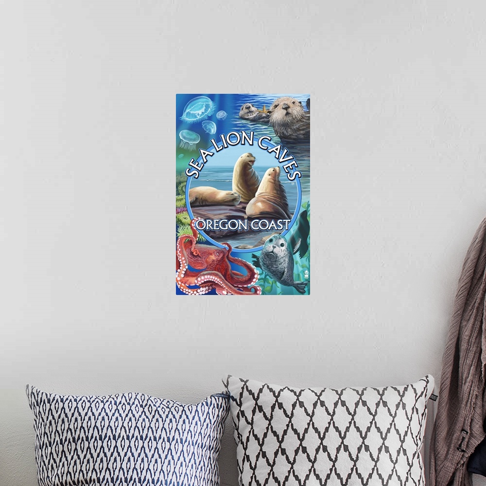 A bohemian room featuring Retro stylized art poster of a montage of images of wildlife.