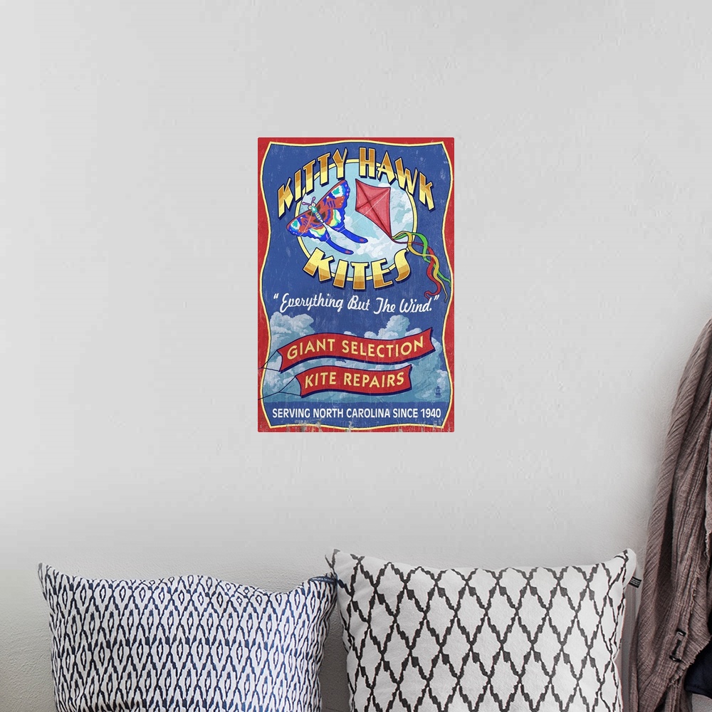 A bohemian room featuring Outer Banks, North Carolina - Kitty Hawk Kite Shop Vintage Sign: Retro Travel Poster