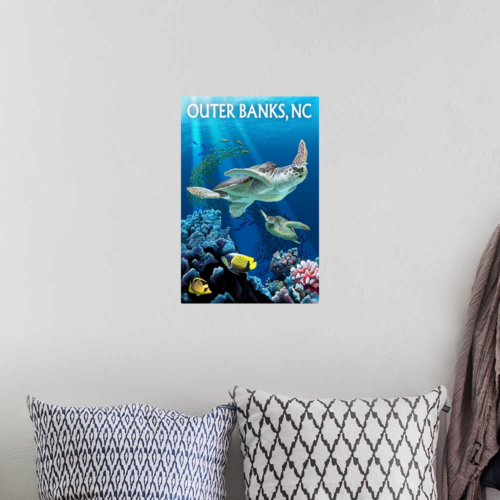 A bohemian room featuring Outer Banks, North Carolina - Sea Turtles: Retro Travel Poster