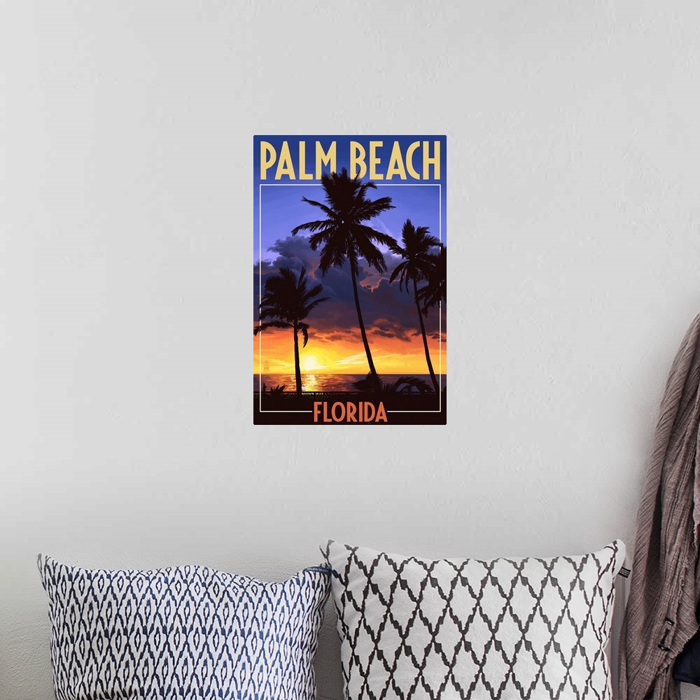 A bohemian room featuring Palm Beach, Florida - Palms and Sunset: Retro Travel Poster