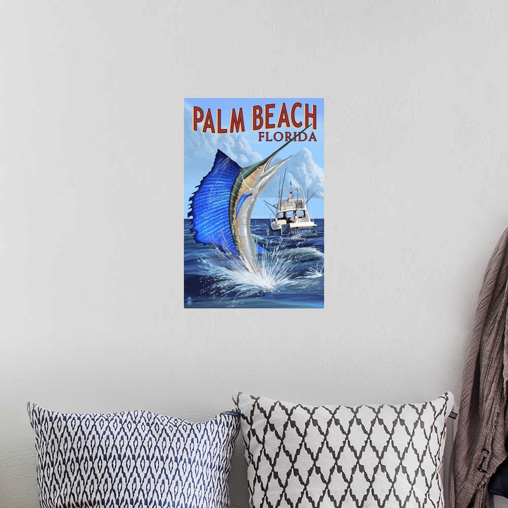 A bohemian room featuring Palm Beach, Florida - Sailfish Scene: Retro Travel Poster