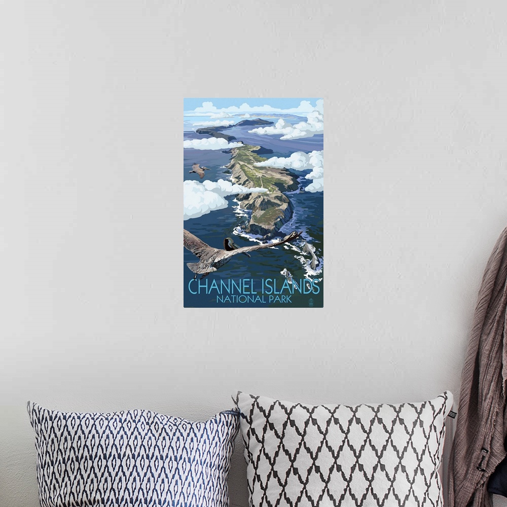 A bohemian room featuring Pelicans Flying Over Channel Islands National Park: Retro Travel Poster
