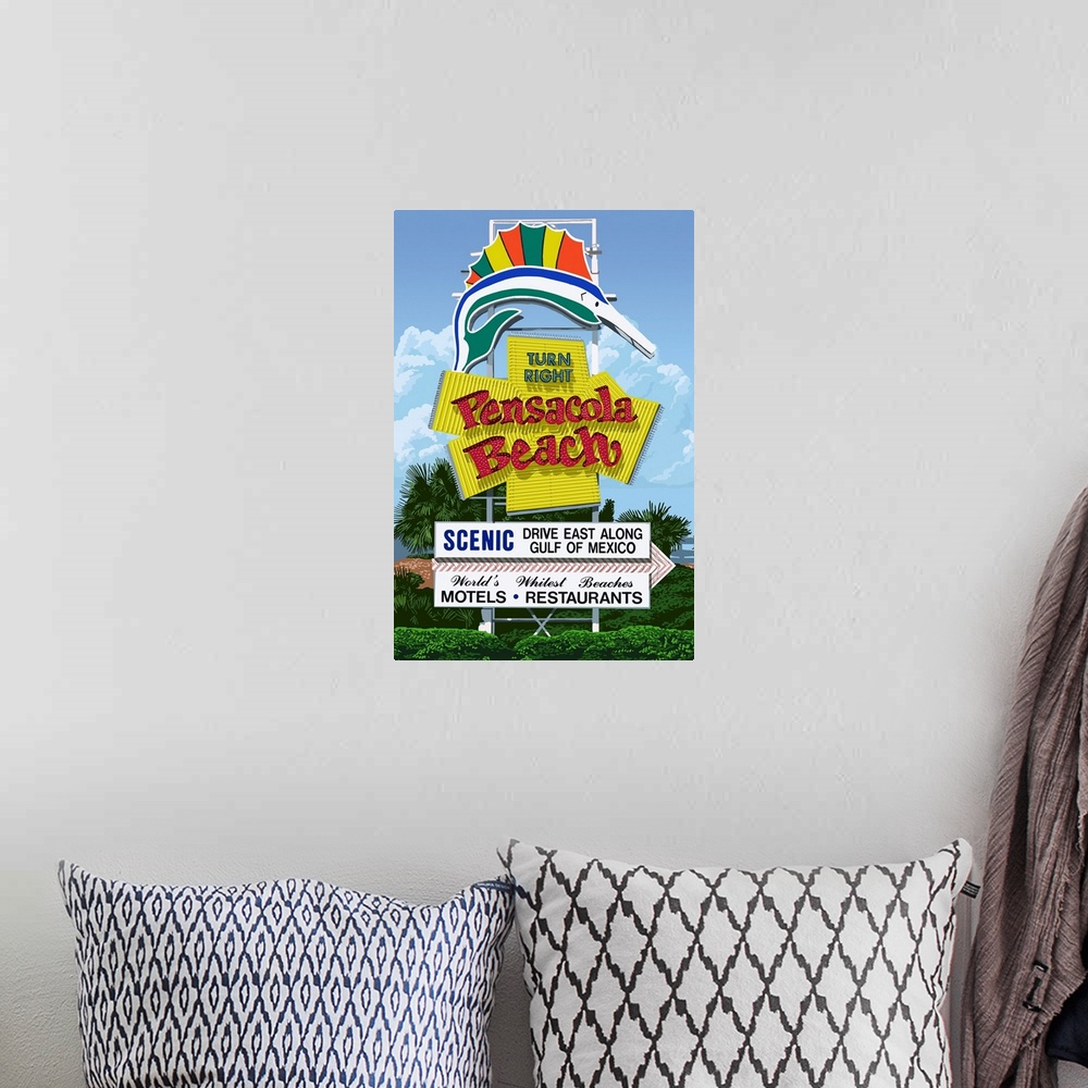 A bohemian room featuring Retro stylized art poster of a retro sign advertising a beach, with a sailfish at the top of the ...