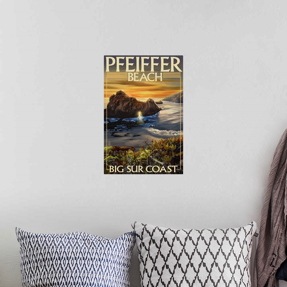 A bohemian room featuring Retro stylized art poster of a natural rock arch along the shoreline of a cove.