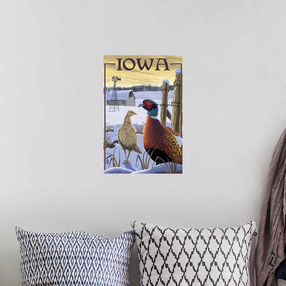 A bohemian room featuring Pheasants - Iowa: Retro Travel Poster