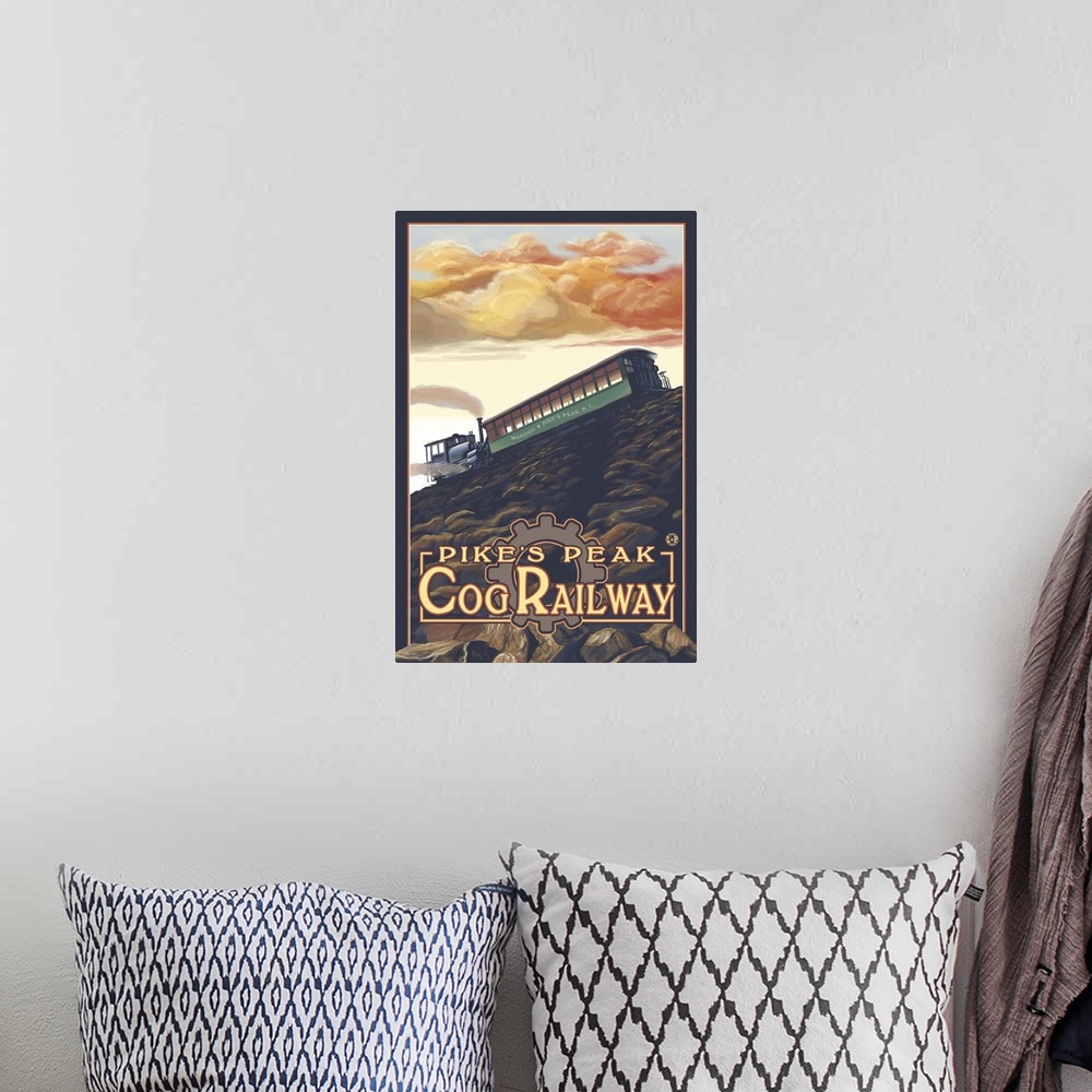 A bohemian room featuring Pikes Peak Cog Railroad, Colorado: Retro Travel Poster