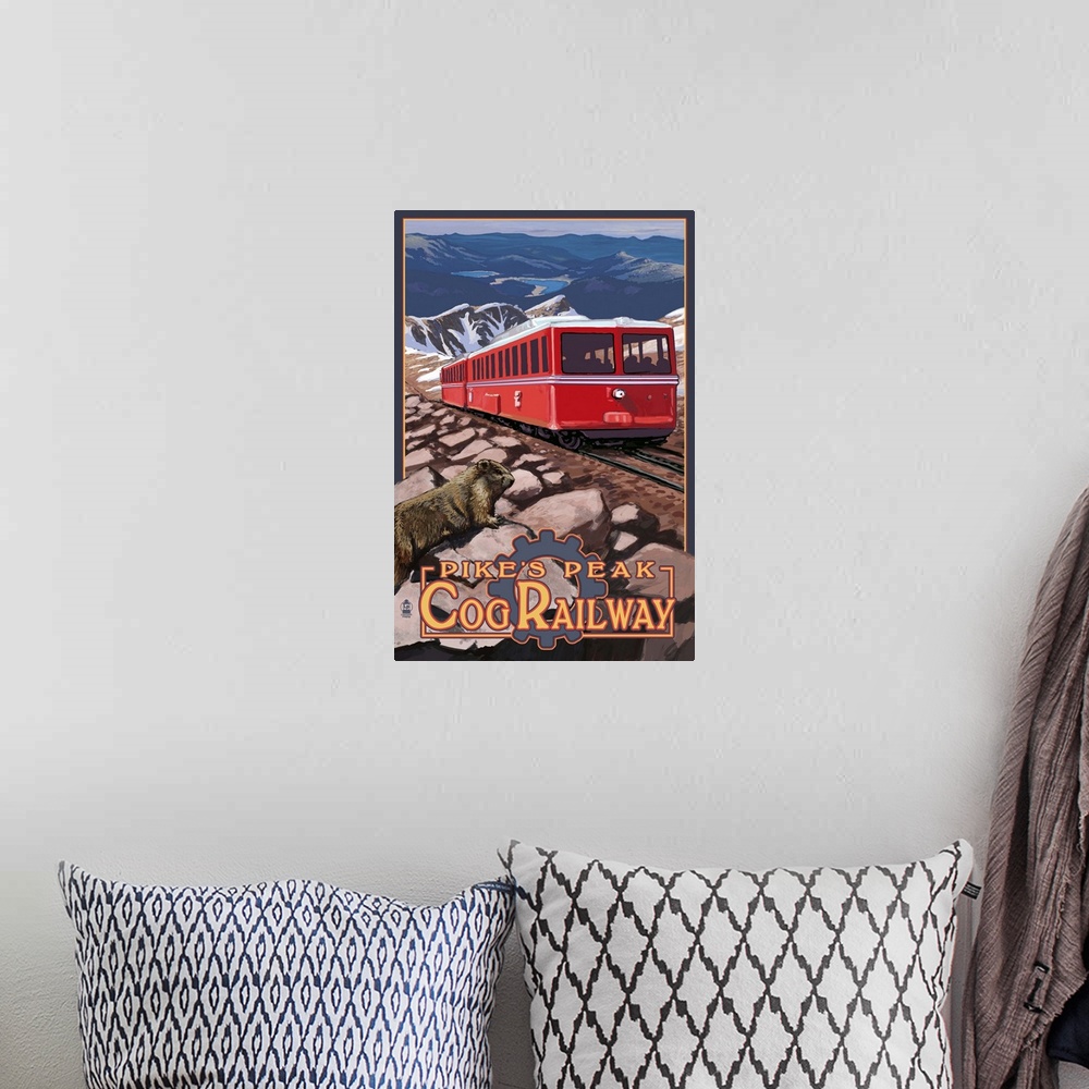 A bohemian room featuring Pikes Peak Cog Railway - Swiss Locomotive: Retro Travel Poster