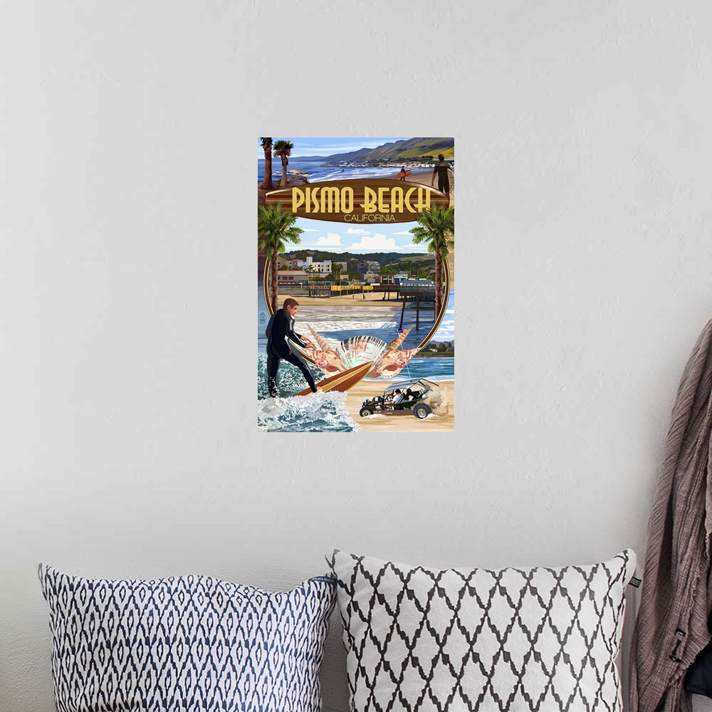 A bohemian room featuring Retro stylized art poster of a montage of scenes from a coastal town.